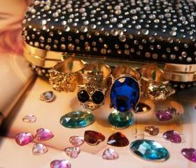 Punk Skull Knuckle Rings Bling Clutch Box Party Satin Rhinestone Evening Handbag