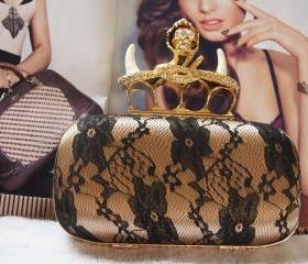 NEWDesign Unicorn Gold Skull Ring Knuckle Box Lace Sexy Clutch Evening Party Bag