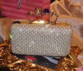 Swarski Skull Ring Pearl Crystal Bead Spark Evening Wedding Bridal Clutch/Purse/Handbag