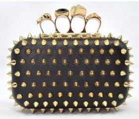 *New*Spike RIVET Skull Ring Knuckle Party Evening/Shoulder/Clutch/Purse/Handbag